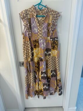 Umgee Lavender, Mustard & Brown Patchwork Midi Dress with Ruffle Shoulders